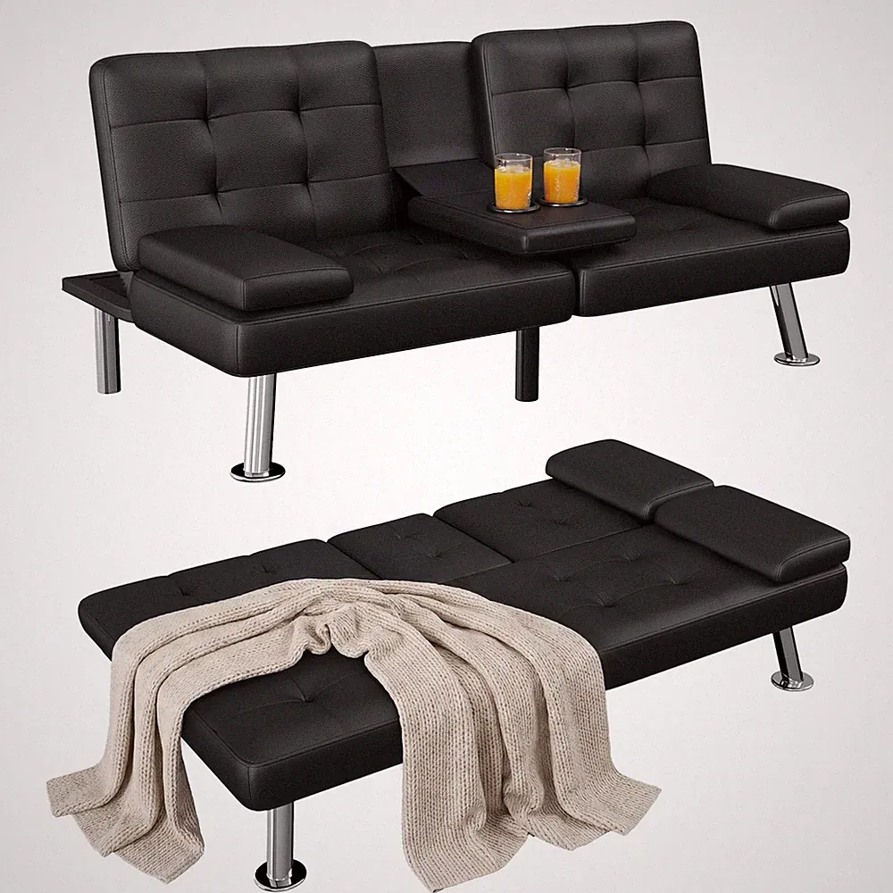 Futon Sofa Bed Leather Adjustable Recliner Cup Holders Black FS230P Homall Couch