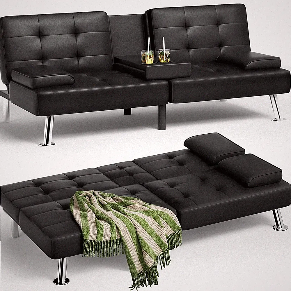 Futon Sofa Bed Leather Couch Recliner with Removable Armrests Cup Holders Black