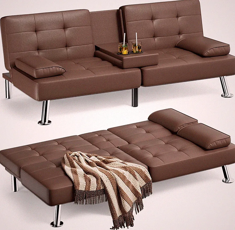 Futon Sofa Bed Leather Couch Recliner with Removable Armrests Cup Holders Brown