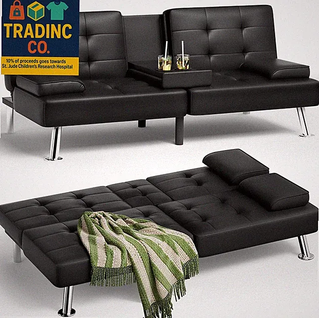Futon Sofa Bed, Leather Futon Couch with Removable Armrests, Adjustable Recliner