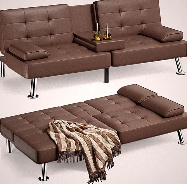 Futon Sofa Bed, Leather Futon Couch with Removable Armrests