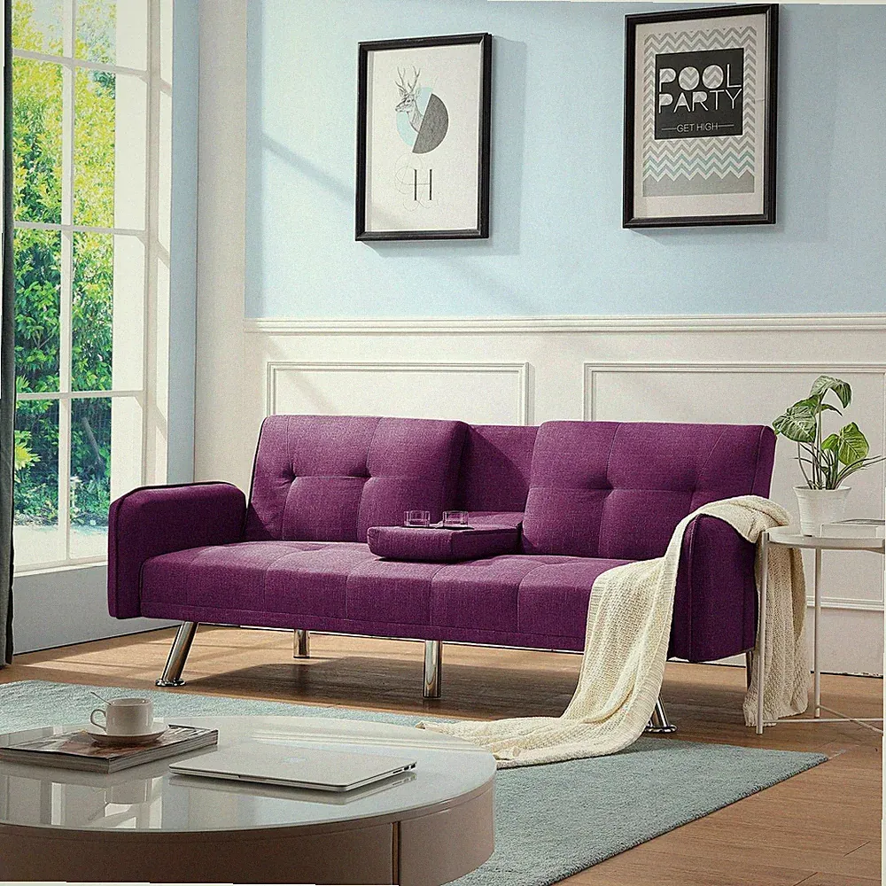 Futon Sofa Bed Twin Sleeper Cup Holders Reinforced Frame Chrome Legs 3 Position