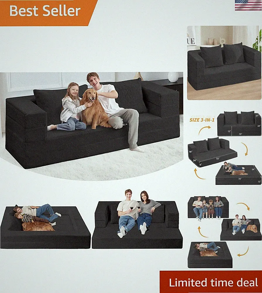 Futon Sofa Bed with Pillow, 3-in-1 Sleeper Sofa Bed with Removable Cover, Con...
