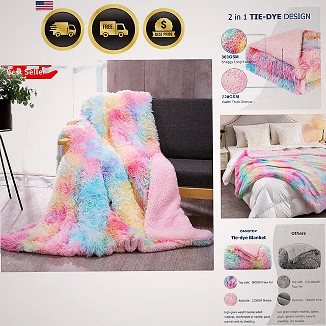 Fuzzy Faux Fur Throw Blanket, Tie Dye Fluffy Blanket, Super Soft Rainbow Blan...