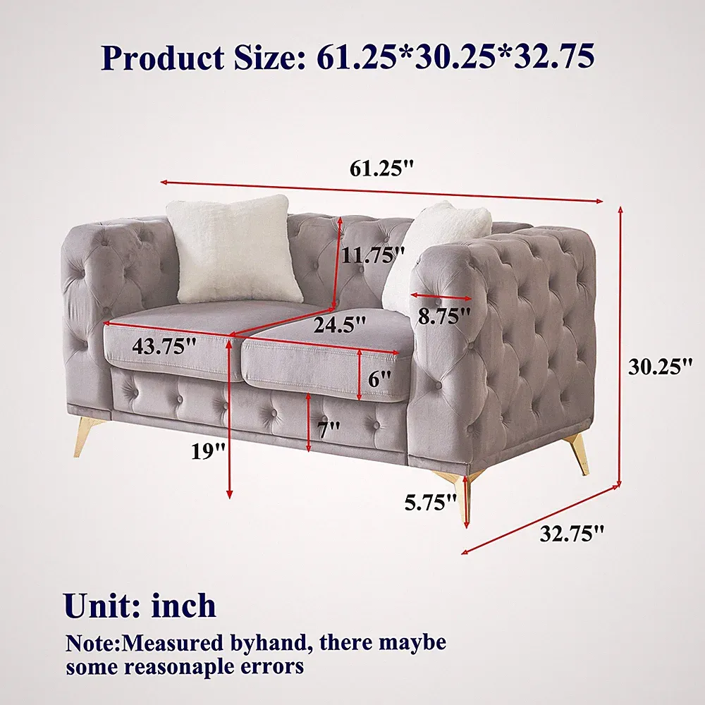 FX 61.25-inch Deluxe Velvet Sofa with Chesterfield Tufted Buttons with 2 Pillows