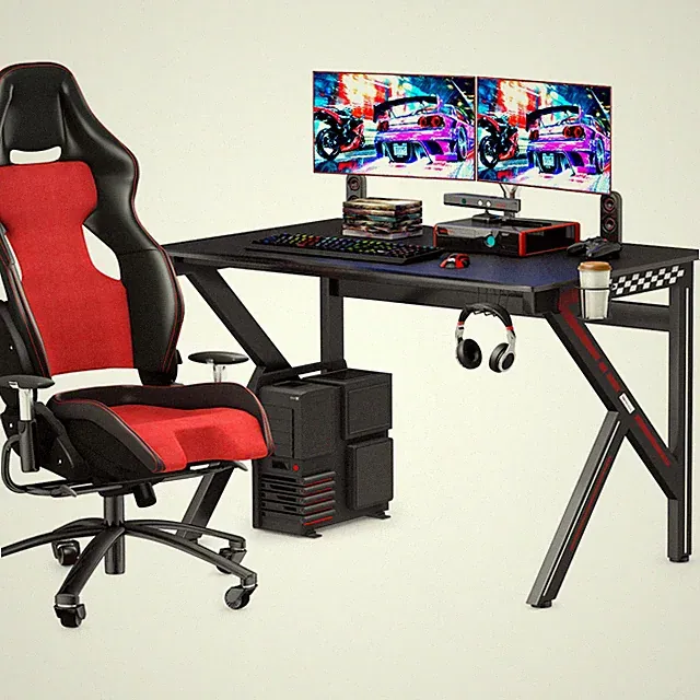 Gaming Desk Gamers Computer Table E-Sports K-Shaped W/ Cup Holder Hook Home New