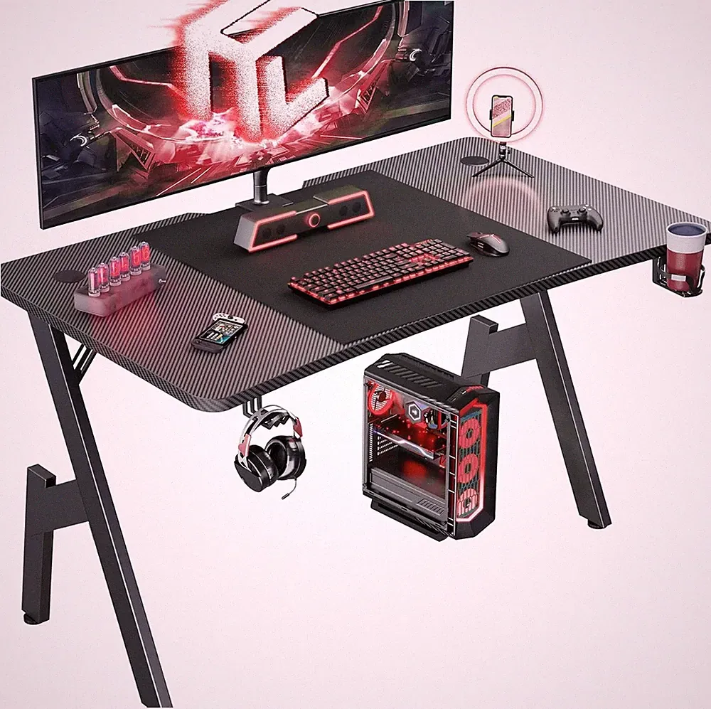 Gaming Desk with Headphone Hook & Cup Holder, Gaming Table with Mouse Pad, Black
