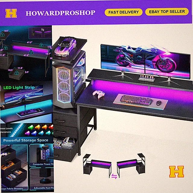 Gaming Desk with PC Showcase, 59" Reversible Design, RGB LED Lights, Ergonomic S