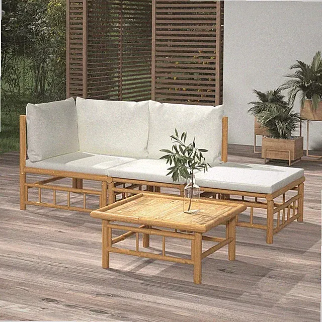 Garden Lounge Set Cream White, Natural Bamboo Bamboo, Polyester