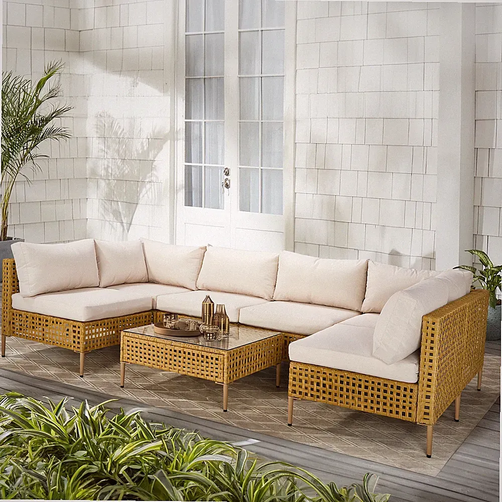 Garden Outdoor 7PC Patio Wicker Sectional Yellow Rattan Beige Cushion Chair Sofa