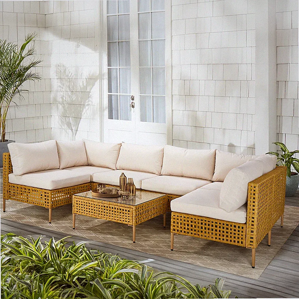 Garden Outdoor 7PC Patio Wicker Sectional Yellow Rattan Beige Cushion Chair Sofa