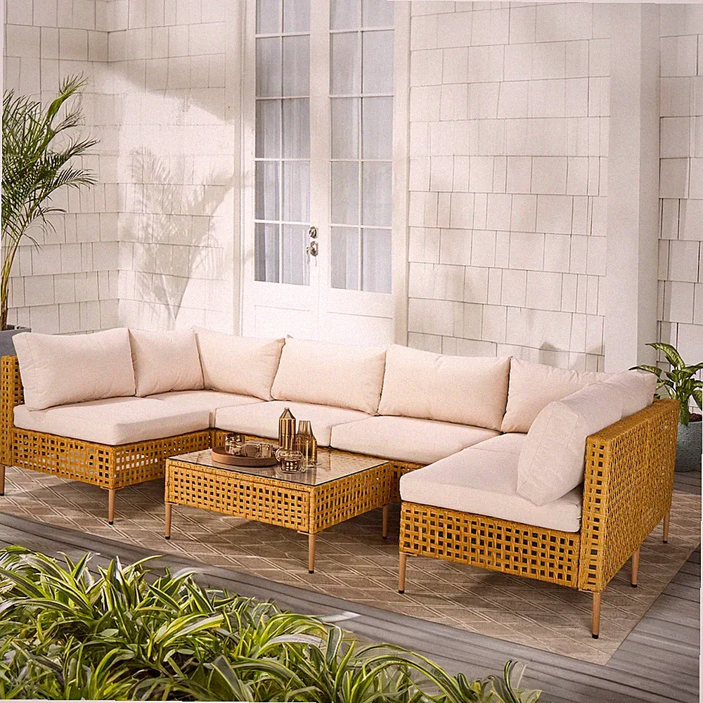 Garden Outdoor 7PC Patio Wicker Sectional Yellow Rattan Beige Cushion Chair Sofa