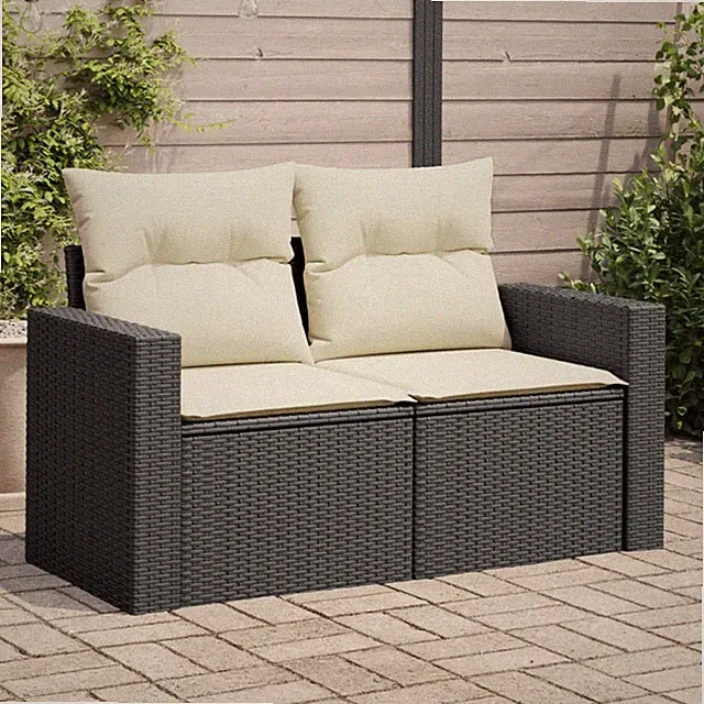 Garden Sofa Black and Cream PE Rattan 2-Seater Modular