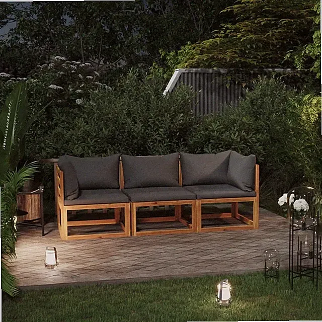 Garden Sofa Dark Grey, Natural Solid Acacia Wood, Polyester
