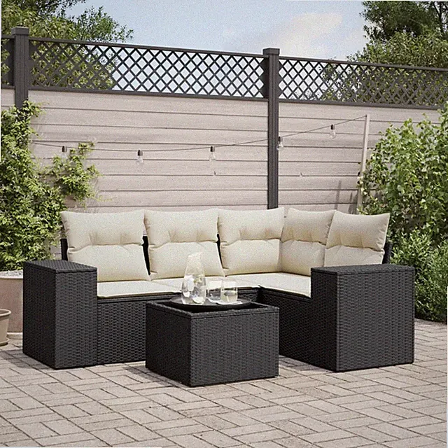 Garden Sofa Set Black and Cream White PE Rattan Standard Modular