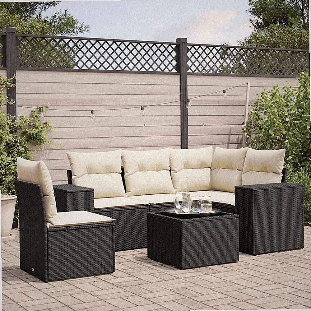 Garden Sofa Set Black PE Rattan L-Shaped sectional for 6 people