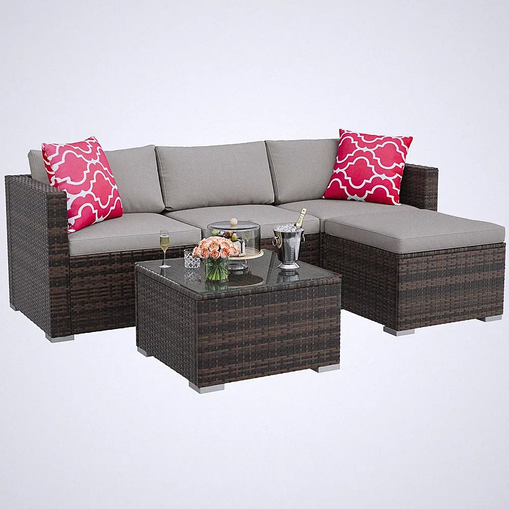 Garvee 5-Piece Outdoor Rattan Sectional Sofa w/ Storage Table & Ottoman Grey