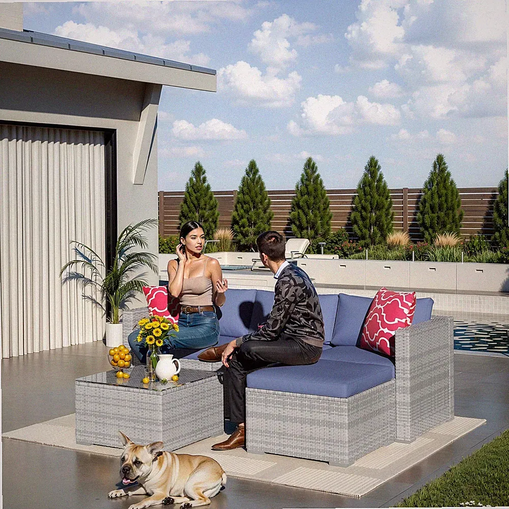 Garvee 5-Piece Outdoor Sectional Set Modular Wicker Sofa for Porch Gray Blue