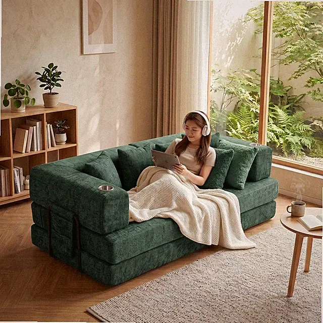 Garvee 79" Corduroy Floor Sofa 4 Pillows 2 Cup Holders Deep Seat Living Room