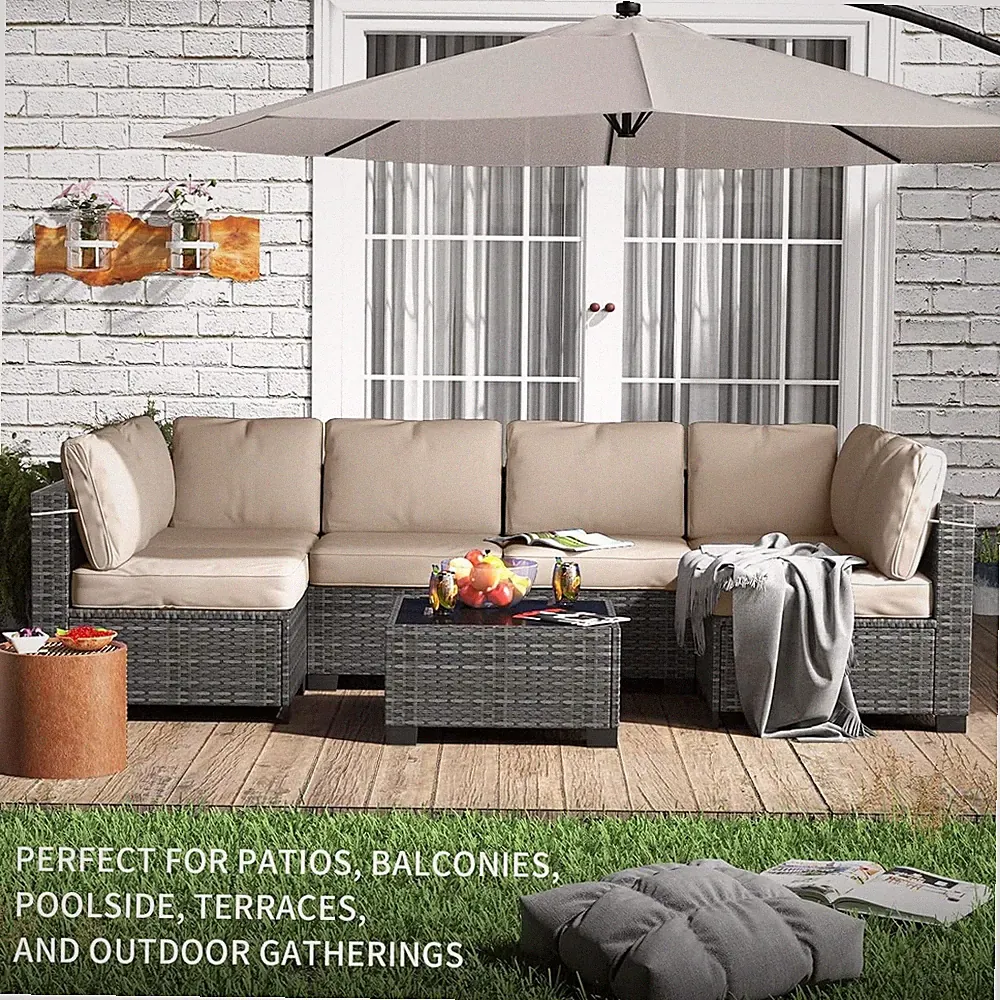 Garvee 7Pcs Patio Furniture Outdoor PE Rattan Wicker Sectional Sofa Coffee Table