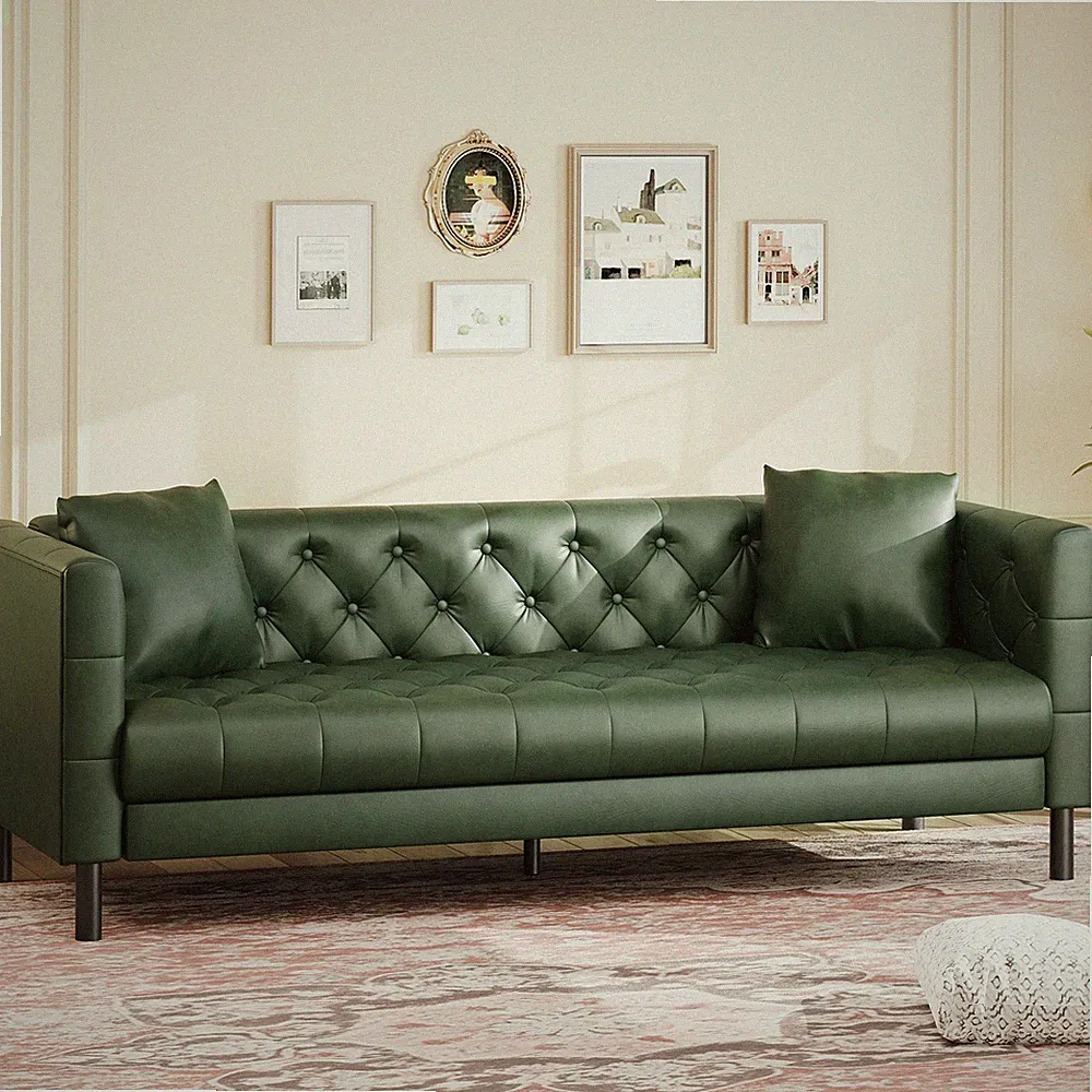 Garvee 81" Chesterfield 3-Seater Sofa Tufted Faux Leather Green w/ 2 Pillows