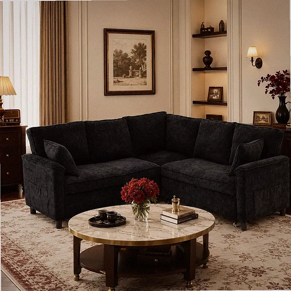 Garvee Chenille L-shape Sectional Sleeper Sofa, 3 Colors, 5-seat, Hidden Storage