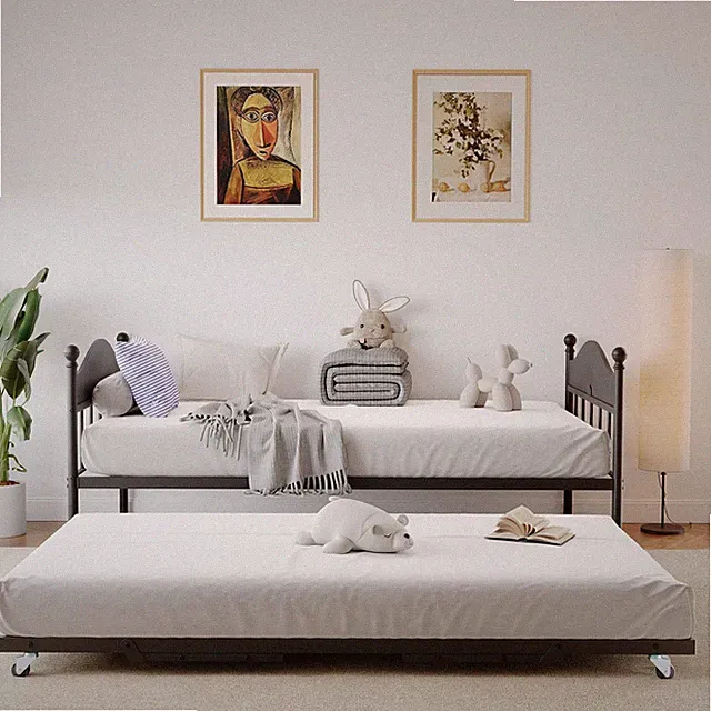 Garvee Daybed w/ Trundle Bed,Heavy Duty Metal Frame Sofa Bed,Steel Slats Support