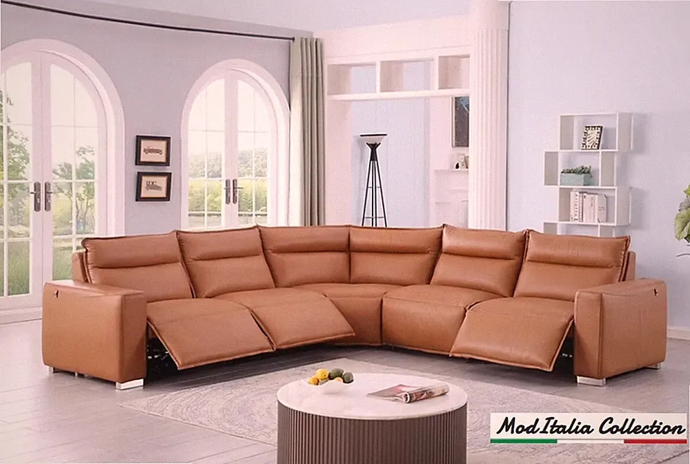 GENUINE 125" Italian Leather Sectional Power Recliner Camel Contemporary Living