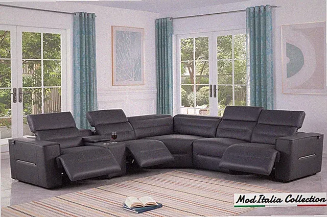GENUINE 132" Italian Leather Sectional Modern Power Recliner Set Dark Navy Gray