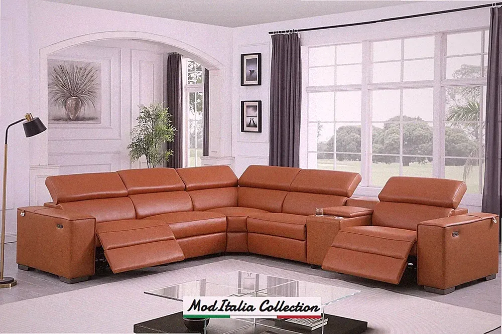 GENUINE 136" Italian Leather 2-Power Recliner Contemporary Sectional Caramel