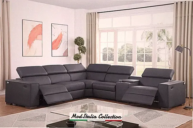 GENUINE 136" Italian Leather 2-Power Recliner Contemporary Sectional Dark Gray