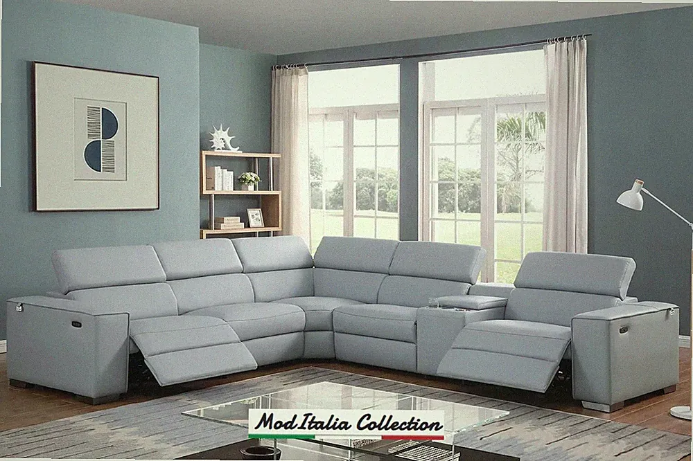 GENUINE 136" Italian Leather Sectional Power Recliner Contemporary Blue Gray
