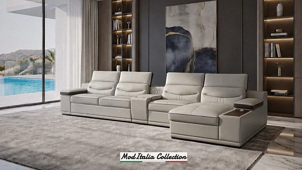 GENUINE Italian Leather 156" Sectional w/ BT Speaker Optional Chair/Ottoman Gray