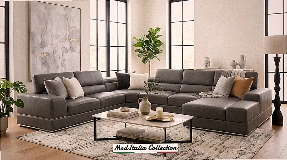 GENUINE Italian Leather 158" Wide U-Shaped Sectional Euro Contemporary Dark Gray