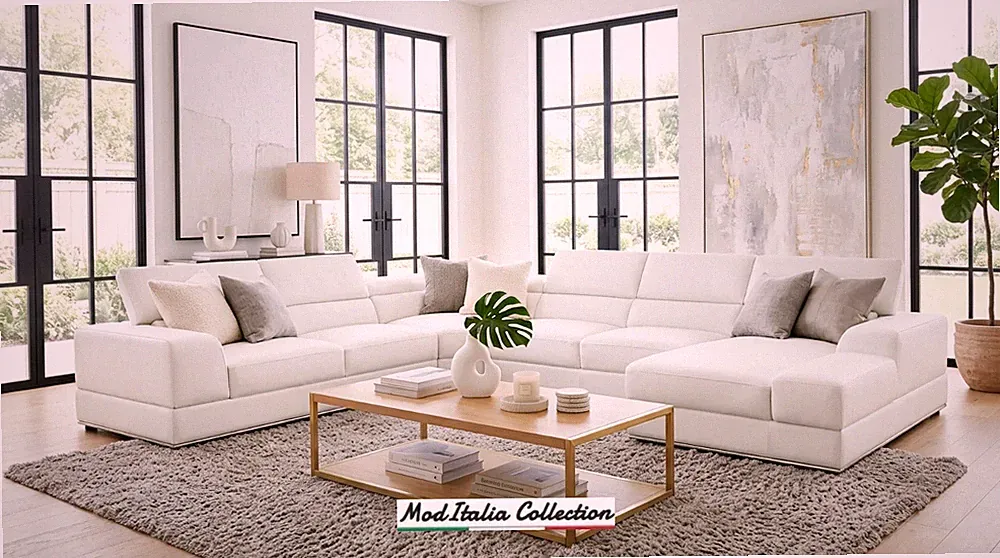 GENUINE Italian Leather 158" Wide U-Shaped Sectional Euro Contemporary White