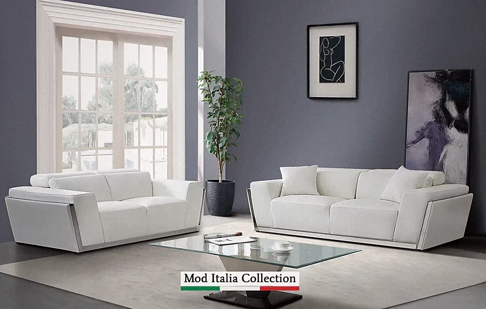 GENUINE Italian Leather 2PC White Sofa Loveseat Modern Contemporary Living Room