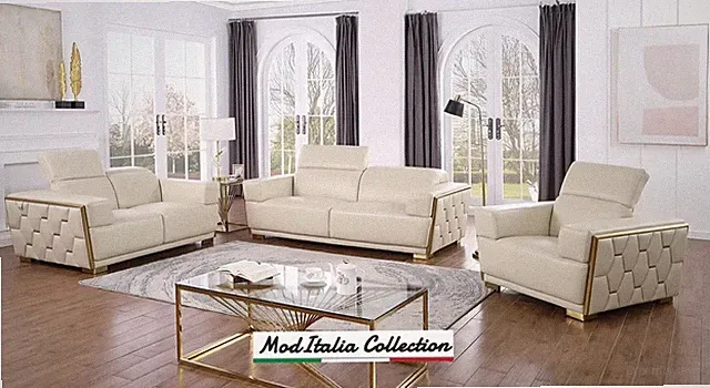 GENUINE Italian Leather Beige Gold 3PC Sofa Loveseat Chair Modern Living Room