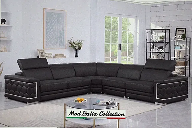 GENUINE Italian Leather Black 122" Sectional Contemporary Modern Living Room Set
