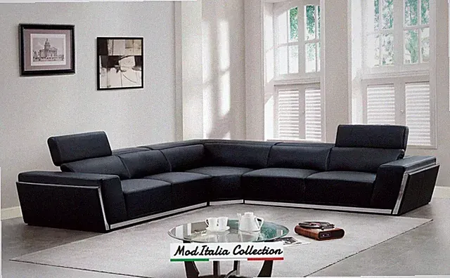 GENUINE Italian Leather Black 130" Wide Sectional Contemporary Living Room Set