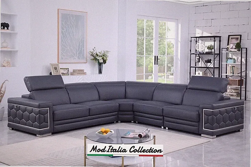 GENUINE Italian Leather Dark Navy 122" Sectional Gray Contemporary Living Room