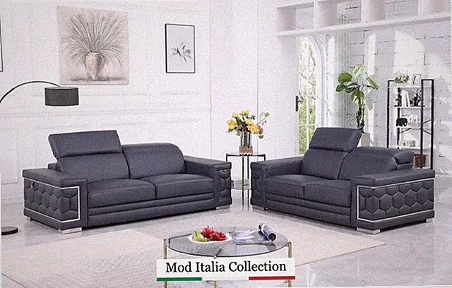 GENUINE Italian Leather Dark Navy 2PC Sofa Loveseat Gray Modern Living Room Set