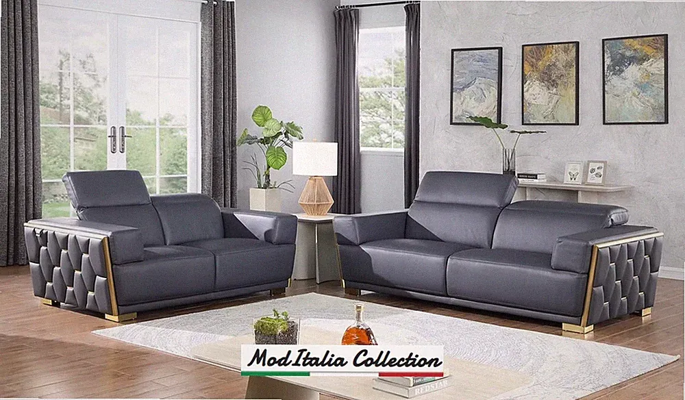 GENUINE Italian Leather Dark Navy Gold 2PC Sofa Loveseat Gray Modern Living Room