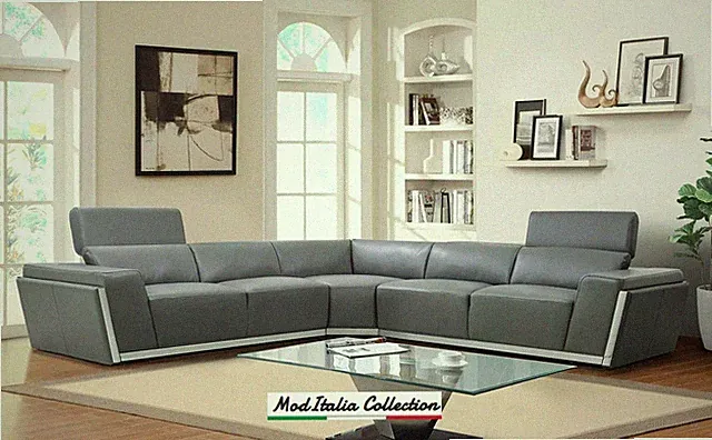 GENUINE Italian Leather Gray 130" Wide Sectional Contemporary Living Room Set