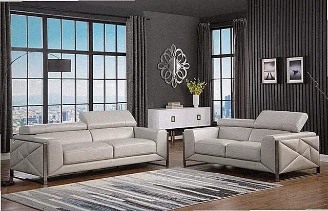 GENUINE Italian Leather Gray 2PC Sofa Loveseat Modern Contemporary Living Room