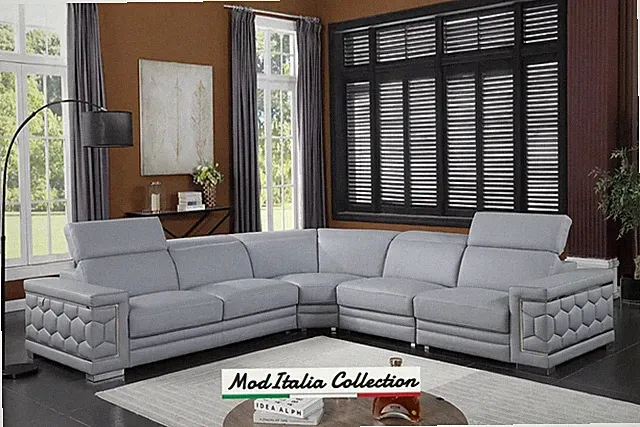 GENUINE Italian Leather Light Blue 122" Sectional Gray Contemporary Living Room