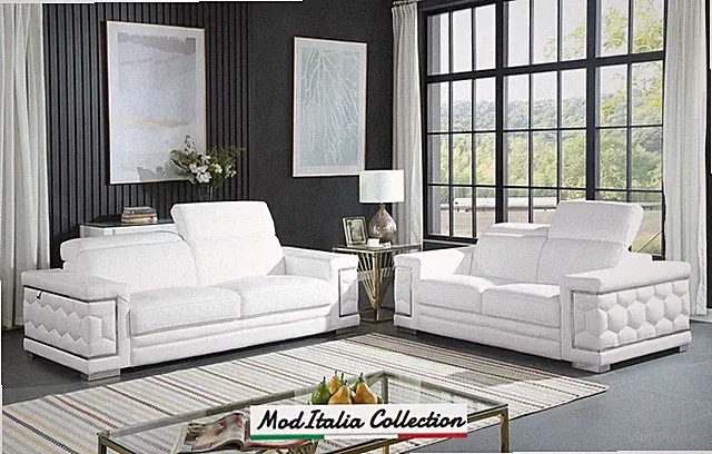 GENUINE Italian Leather White 2PC Sofa Loveseat Modern Contemporary Living Room