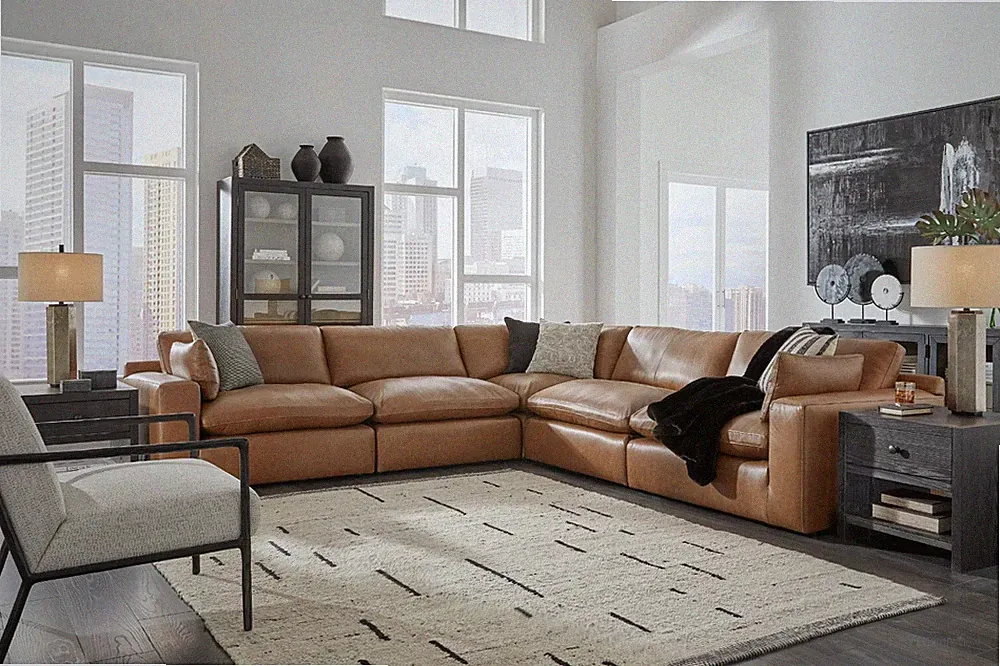 GENUINE Leather Caramel 132" Wide Modular Sectional Contemporary Living Room Set