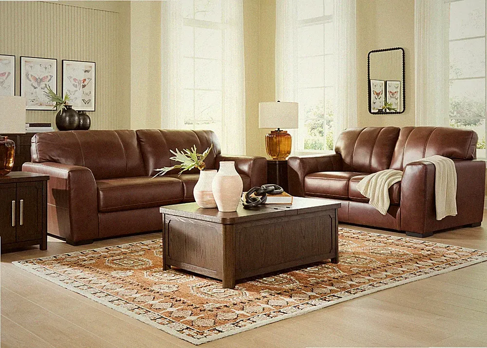 GENUINE Leather Cognac Brown Oversized 2PC Sofa Loveseat Rustic Living Room Set