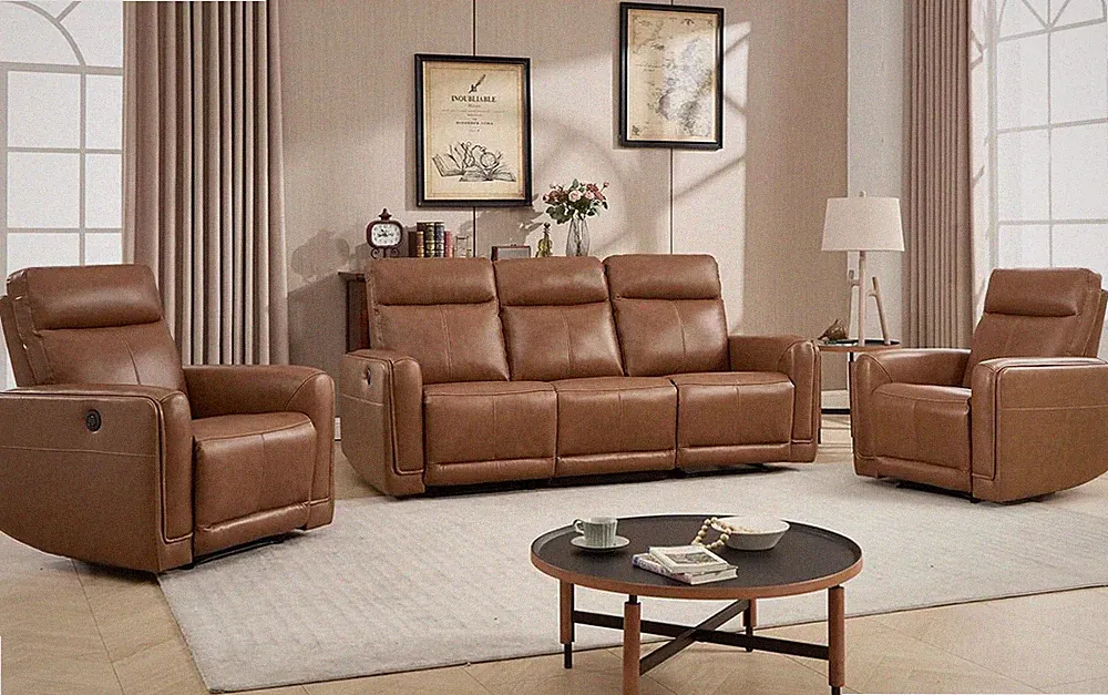 Genuine Leather Power Recliner Sofa Set, Power Reclining Couch Set with Cup Hold