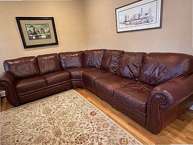Genuine Leather Sectional Sofa - Burgundy - Seating for Six - Good Condition